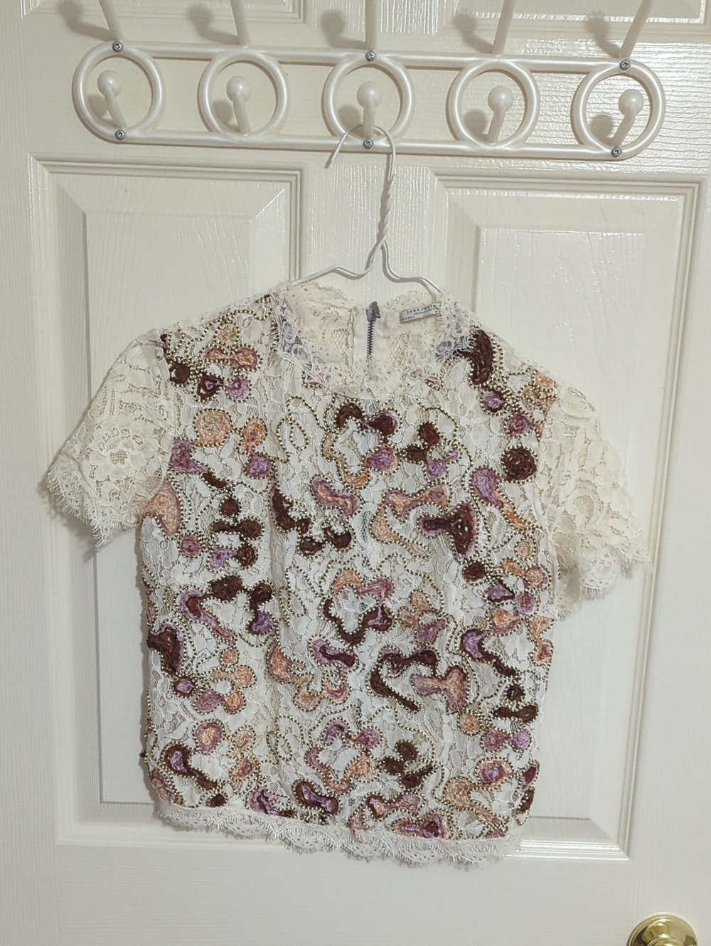 Zara Cream Lace Top with Pink, Brown & Gold Crochet Accents